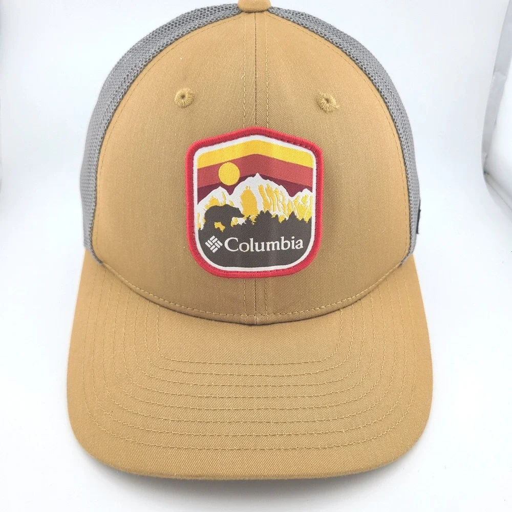 Columbia Trucker Cap Mens Tan Gray Mesh Back Bear Mountain Patch Snapback Hat